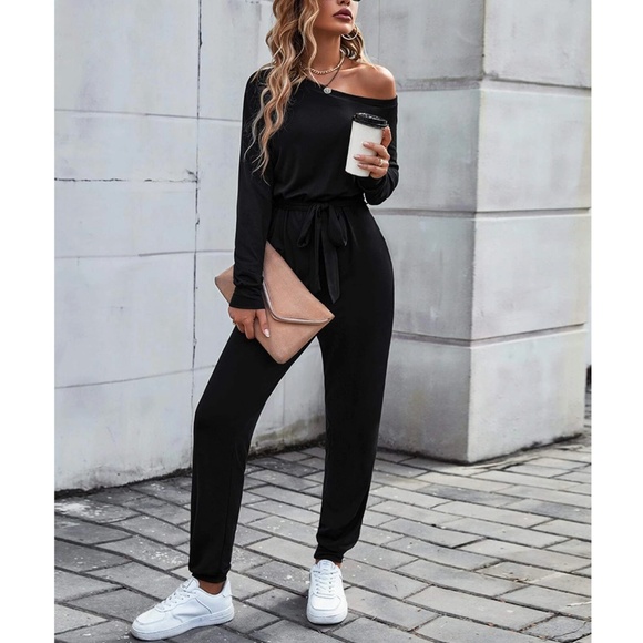 Rouge! Pants - Asymmetrical Boat Neck Long Sleeve Tie Belt Waist Long Black Jumpsuit